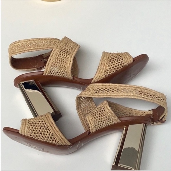 Robert Clergerie Natural Raffia Ankle Wrap Gold Block Heel Sandals 9 - Picture 3 of 9